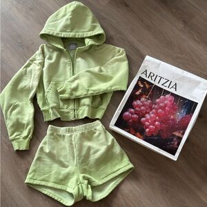 Aritzia Light Green Cropped Hoodie & Shorts Set